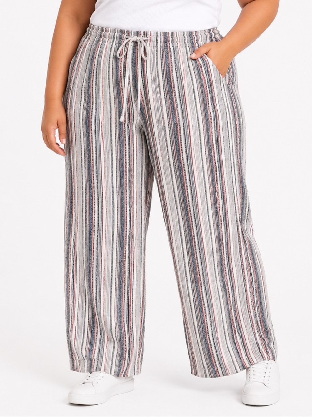 Knox Rose Striped Wide-Leg Drawstring Pants - White Multi